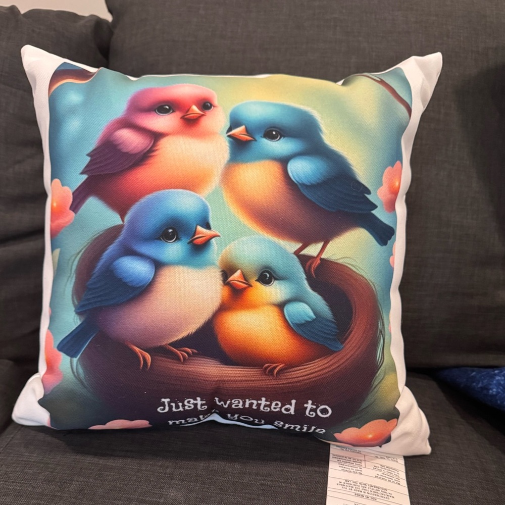 NWOT Colorful Bird Print Throw Pillow “Just wanted to make you smile”
